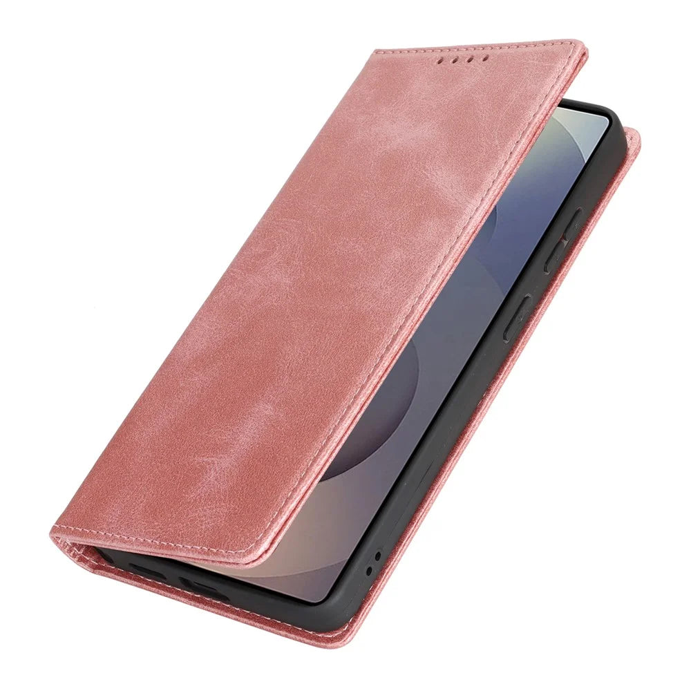 For Samsung Galaxy S26 Ultra Case PU Leather Calf Textured Magnetic Closing Smart Phone Cover - Rose Gold - 7
