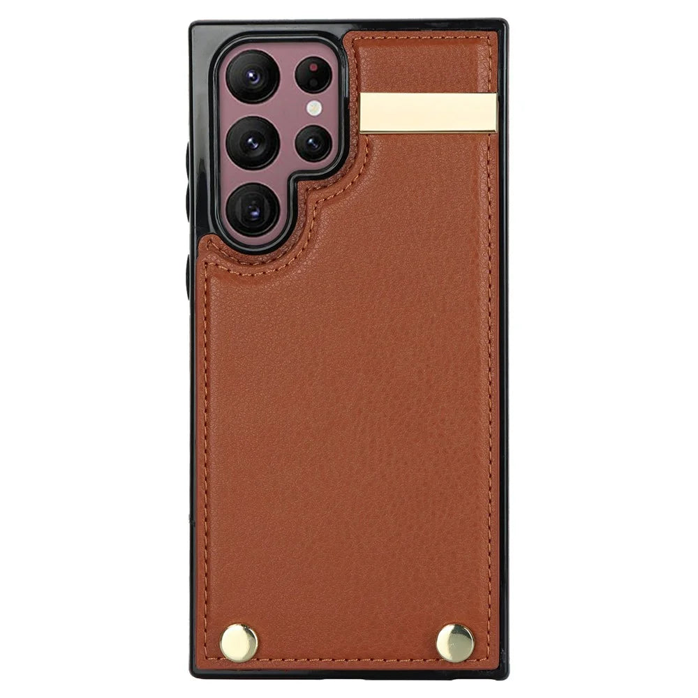 For Samsung Galaxy S26 Ultra Case TPU + PU Leather Hardware Decor Phone Cover with Card Holder - Brown - 2