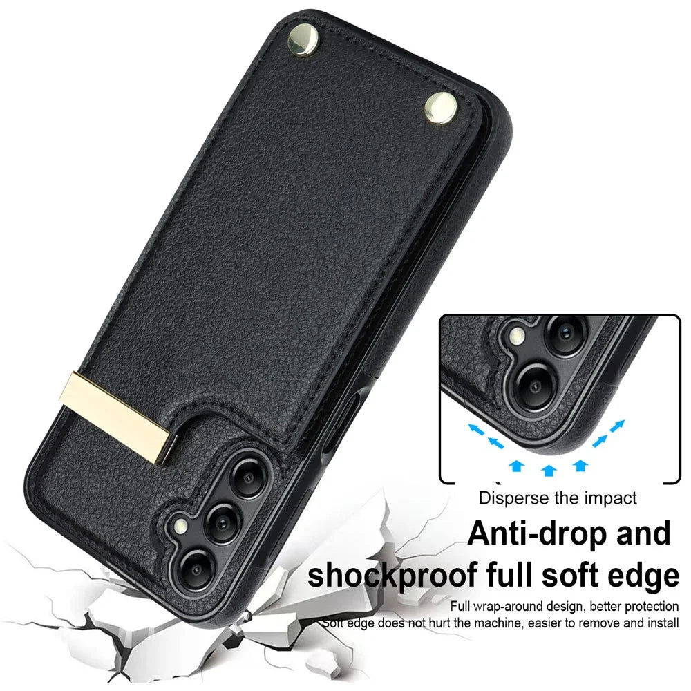 For Samsung Galaxy S26+ Case TPU + PU Leather Hardware Decor Phone Cover with Card Holder - Black - 4