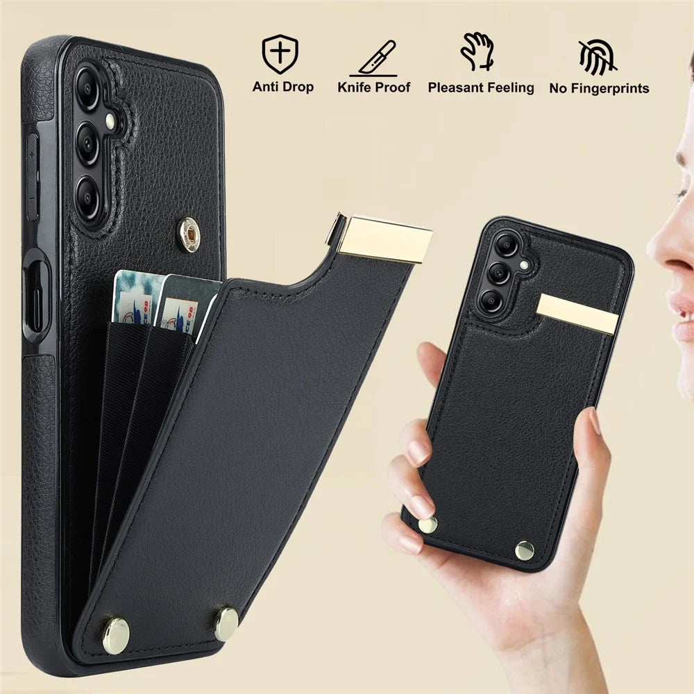 For Samsung Galaxy S26+ Case TPU + PU Leather Hardware Decor Phone Cover with Card Holder - Black - 5