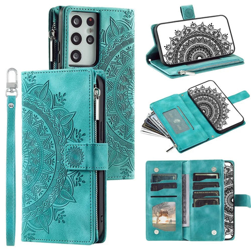 For Samsung Galaxy S21 Ultra 5G Protective Cover Mandala Flower Imprinted PU Leather Case Magnetic Clasp Multi Card Slot Anti-Drop Cover with Zippered Wallet / Strap - Green - 1