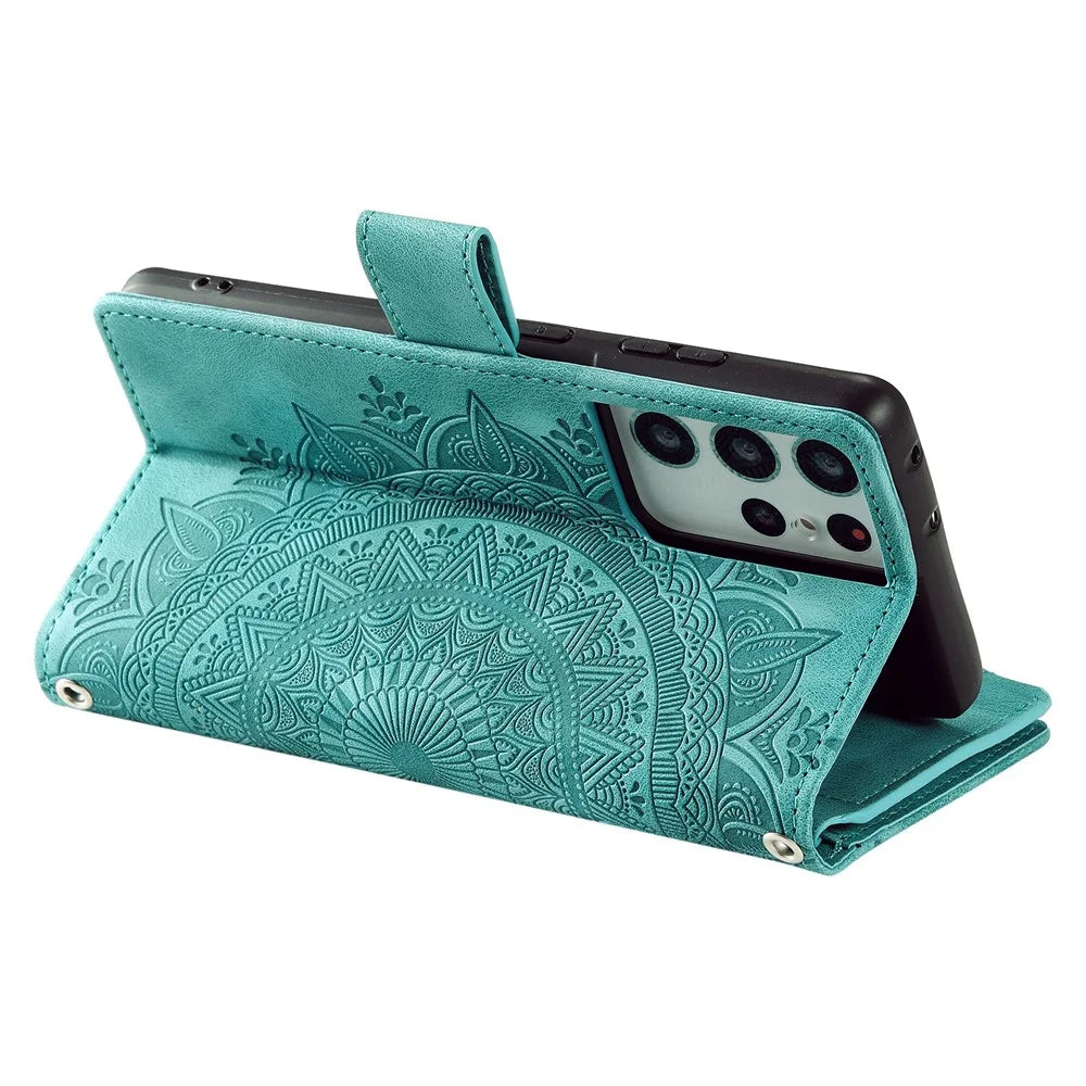For Samsung Galaxy S21 Ultra 5G Protective Cover Mandala Flower Imprinted PU Leather Case Magnetic Clasp Multi Card Slot Anti-Drop Cover with Zippered Wallet / Strap - Green - 7