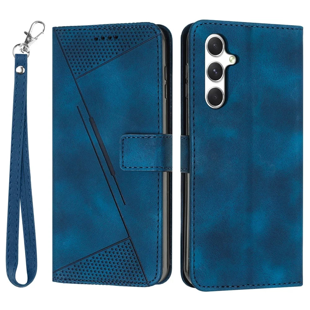 For Samsung Galaxy A37 5G Leather Case Imprinted Triangle Phone Cover with Hand Strap - Blue - 1