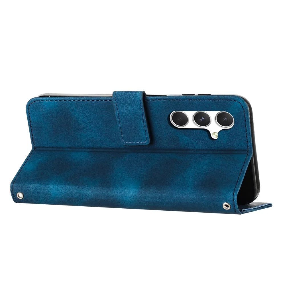 For Samsung Galaxy A37 5G Leather Case Imprinted Triangle Phone Cover with Hand Strap - Blue - 2