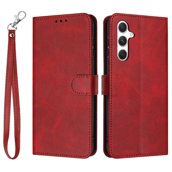 For Samsung Galaxy A37 5G Wallet Case Flip Stand Calf Texture PU Leather Phone Cover with Strap - Red - 1