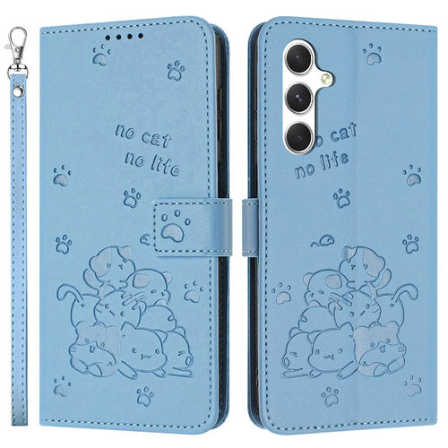 For Samsung Galaxy A37 5G Wallet Case Cats Imprint Leather Phone Cover with Strap - Blue - 1