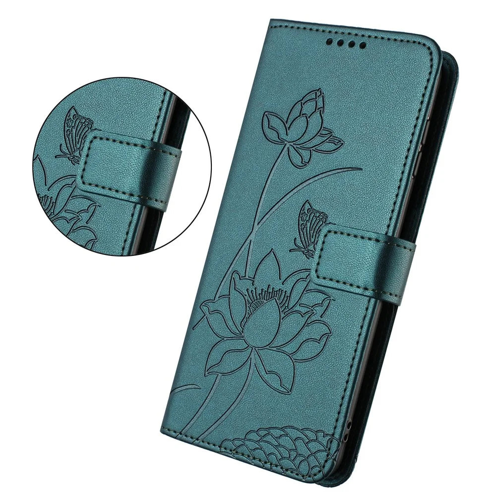 For Samsung Galaxy A37 5G Case Wallet Stand Lotus Imprint Leather Phone Cover with Wrist Strap - Dark Green - 2