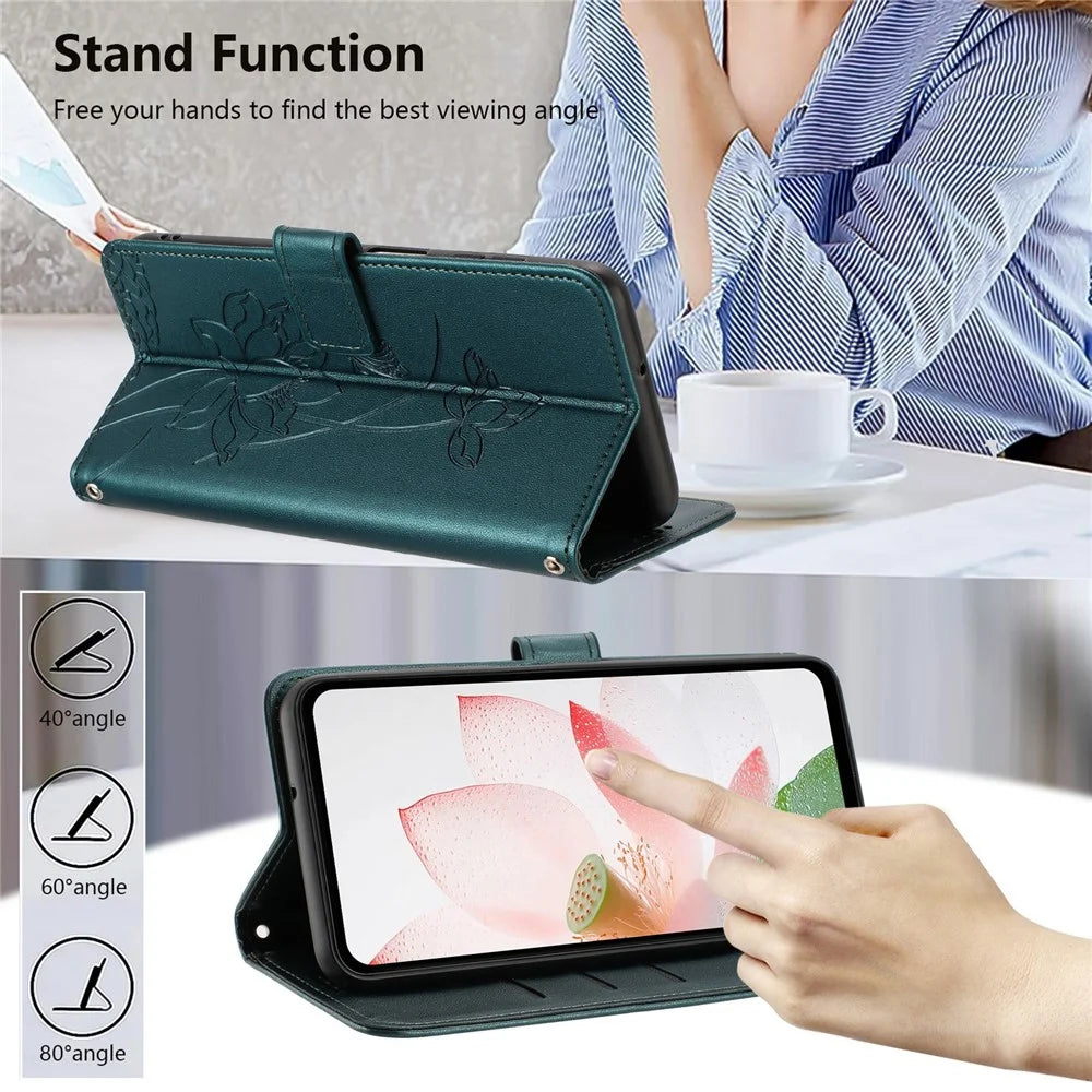 For Samsung Galaxy A37 5G Case Wallet Stand Lotus Imprint Leather Phone Cover with Wrist Strap - Dark Green - 4
