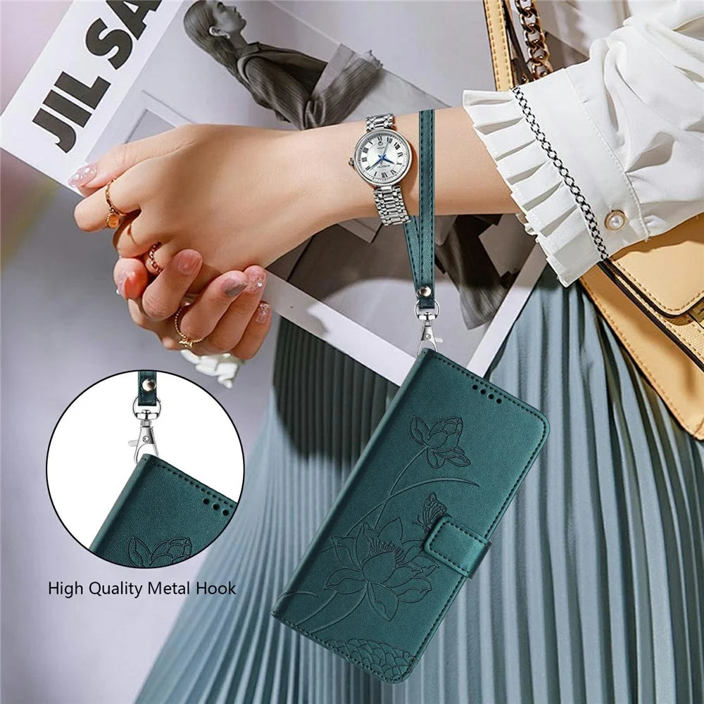 For Samsung Galaxy A37 5G Case Wallet Stand Lotus Imprint Leather Phone Cover with Wrist Strap - Dark Green - 5