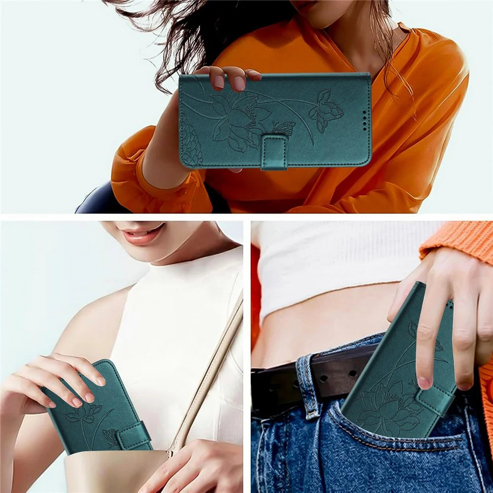 For Samsung Galaxy A37 5G Case Wallet Stand Lotus Imprint Leather Phone Cover with Wrist Strap - Dark Green - 6