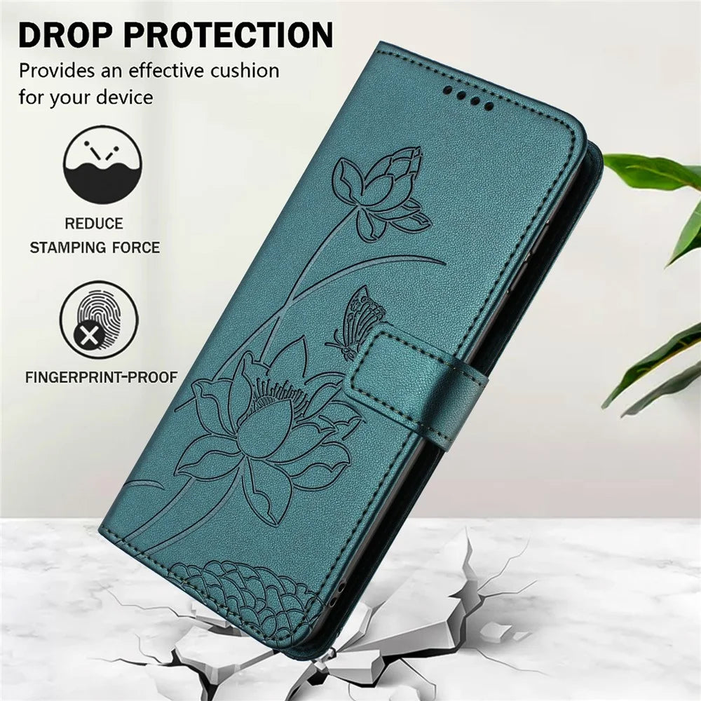 For Samsung Galaxy A37 5G Case Wallet Stand Lotus Imprint Leather Phone Cover with Wrist Strap - Dark Green - 7