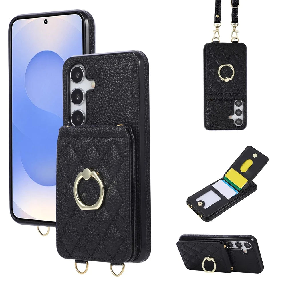 For Samsung Galaxy S26+ Case Vertical Flip PU Leather TPU PC Phone Cover with Ring Holder and Shoulder Strap - Black - 1