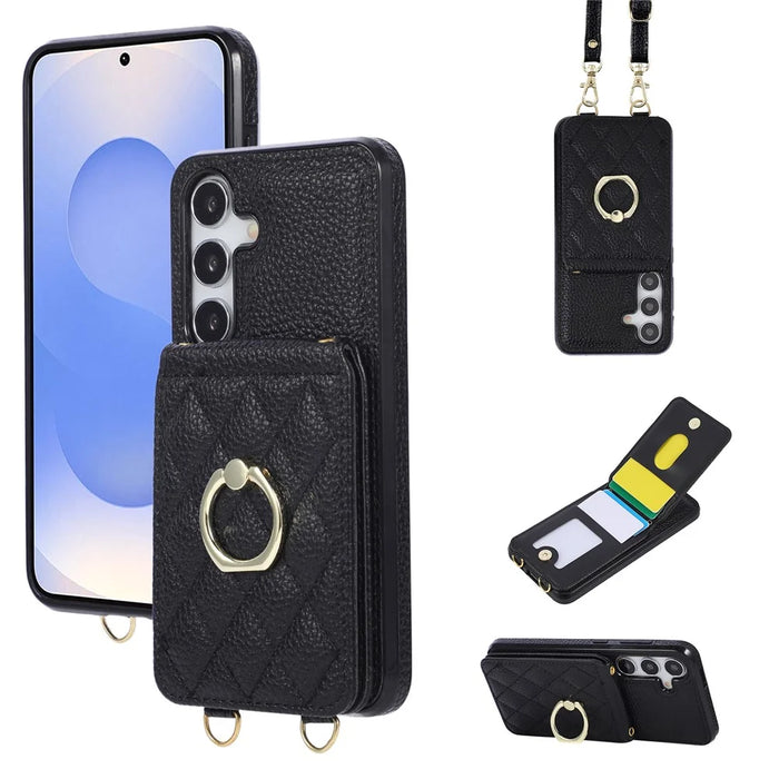 For Samsung Galaxy S26 Case Vertical Flip PU Leather TPU PC Phone Cover with Ring Holder and Shoulder Strap - Black - 1