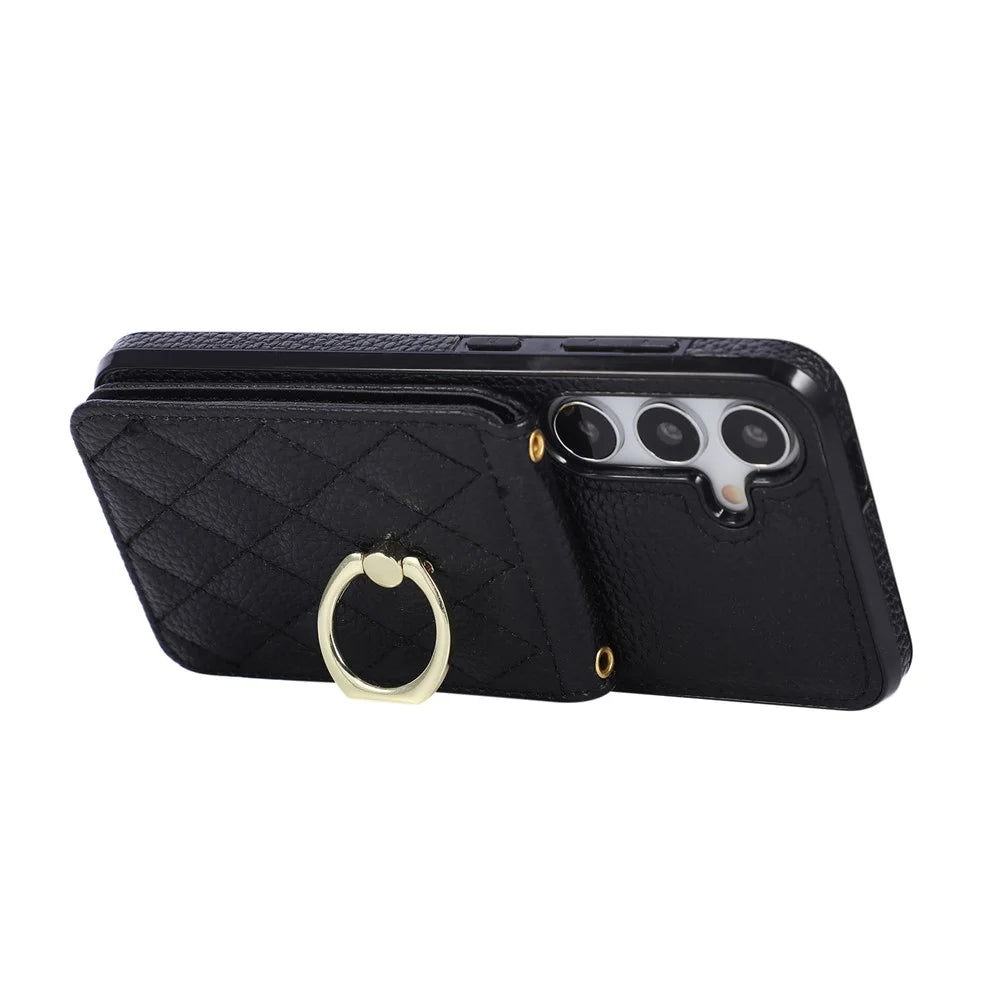 For Samsung Galaxy A37 5G Case Vertical Flip PU Leather TPU PC Phone Cover with Ring Holder and Shoulder Strap - Black - 3
