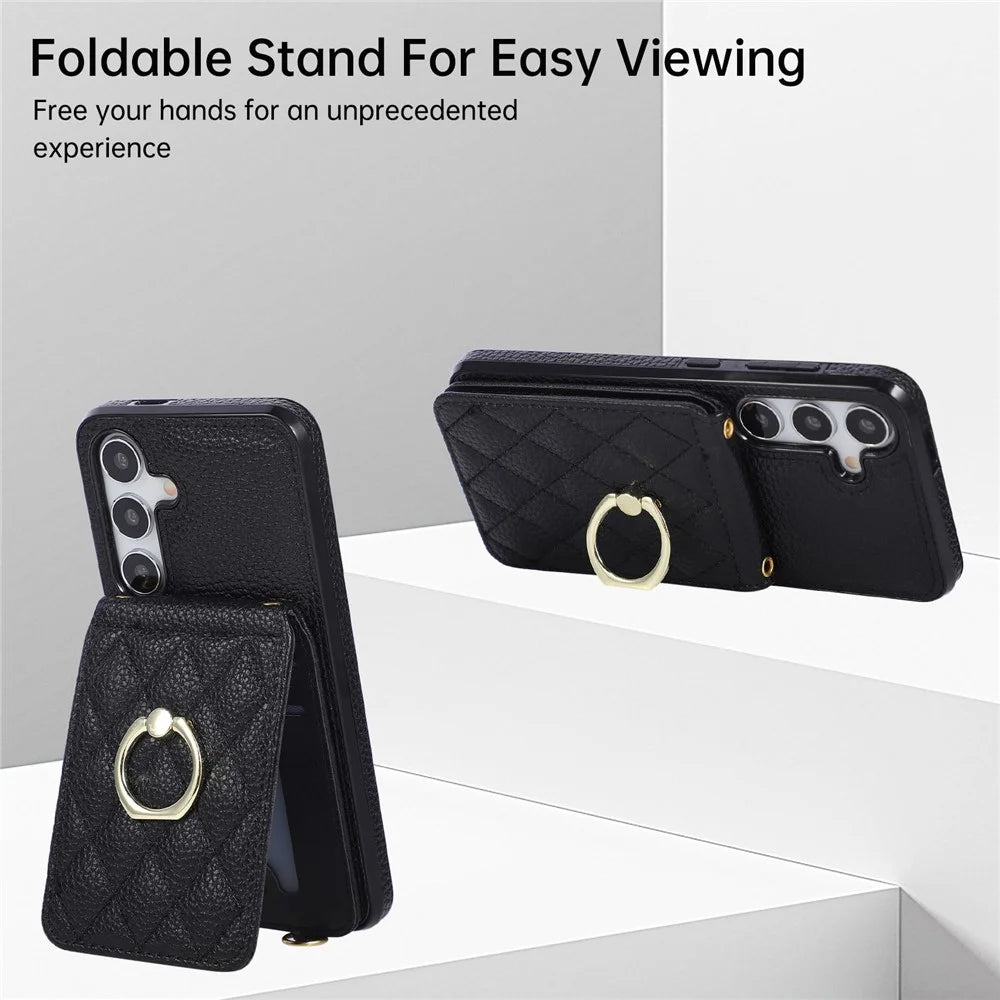 For Samsung Galaxy A37 5G Case Vertical Flip PU Leather TPU PC Phone Cover with Ring Holder and Shoulder Strap - Black - 7