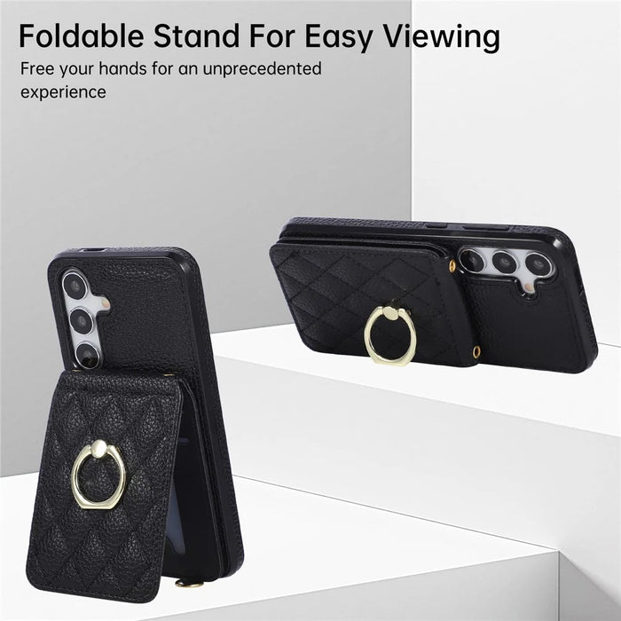 For Samsung Galaxy A57 5G Case Vertical Flip PU Leather TPU PC Phone Cover with Ring Holder and Shoulder Strap - Black - 7
