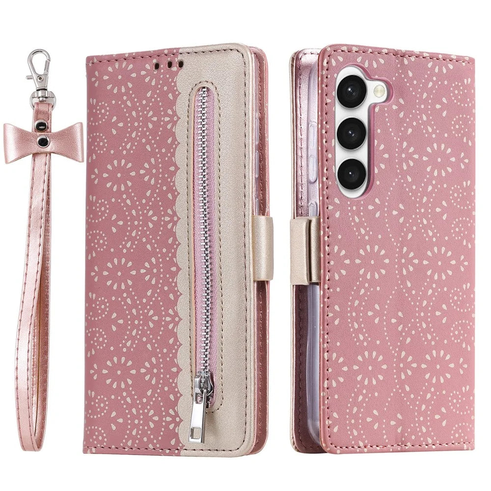 For Samsung Galaxy S23 PU Leather Shockproof Case Zipper Wallet Phone Case Lace Flower Pattern Phone Stand Cover with Bowknot Wrist Strap - Rose Gold - 1