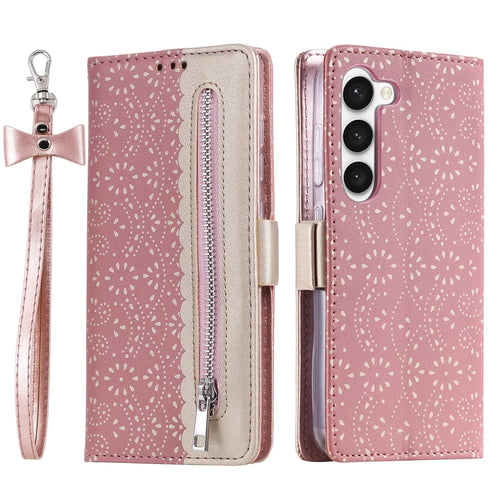 For Samsung Galaxy S23 PU Leather Shockproof Case Zipper Wallet Phone Case Lace Flower Pattern Phone Stand Cover with Bowknot Wrist Strap - Rose Gold - 1