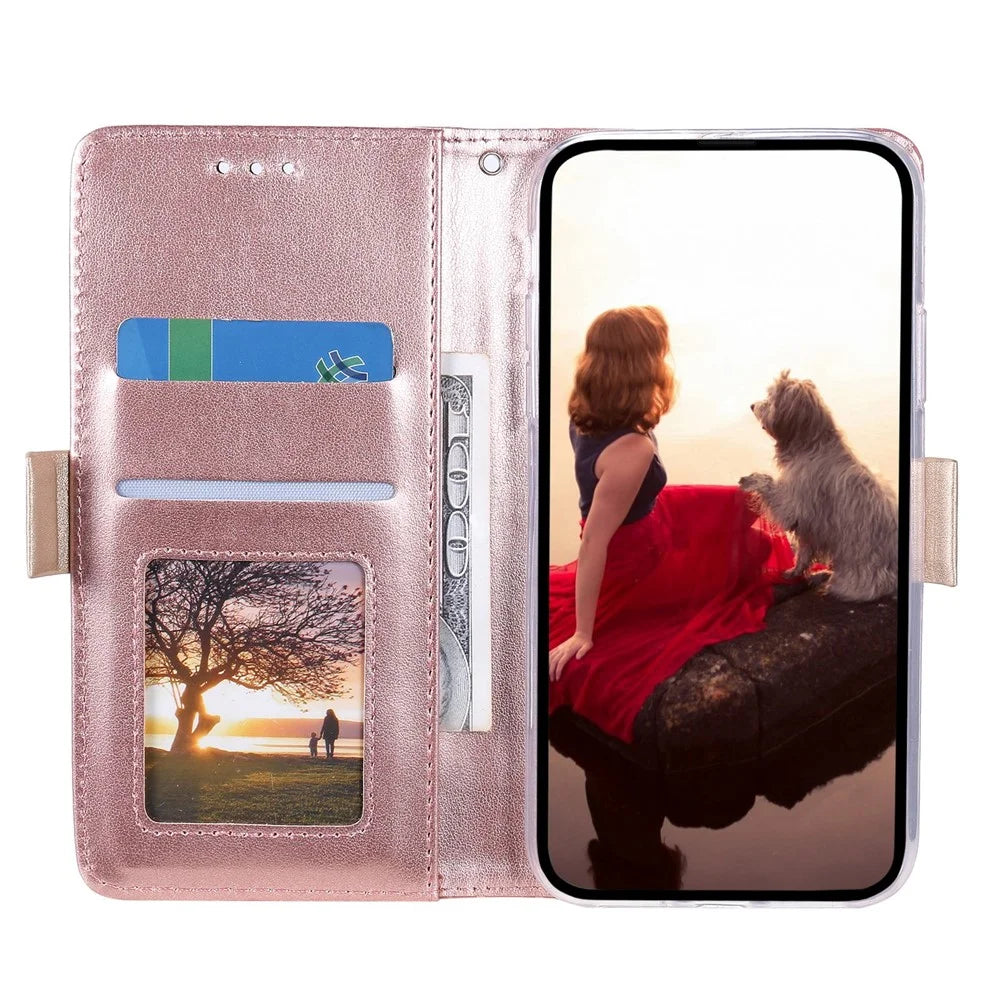 For Samsung Galaxy S23 PU Leather Shockproof Case Zipper Wallet Phone Case Lace Flower Pattern Phone Stand Cover with Bowknot Wrist Strap - Rose Gold - 2