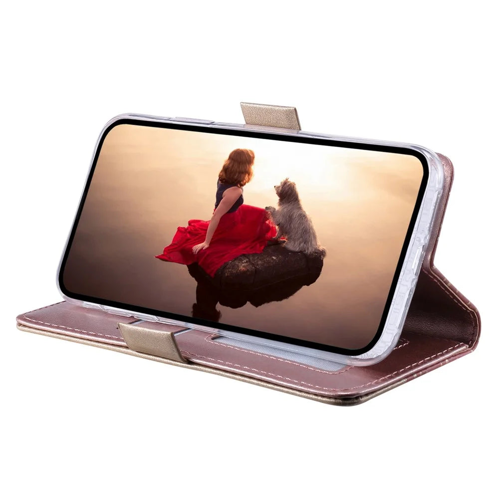 For Samsung Galaxy S23 PU Leather Shockproof Case Zipper Wallet Phone Case Lace Flower Pattern Phone Stand Cover with Bowknot Wrist Strap - Rose Gold - 3