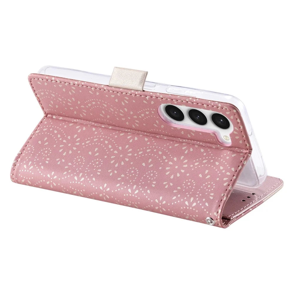 For Samsung Galaxy S23 PU Leather Shockproof Case Zipper Wallet Phone Case Lace Flower Pattern Phone Stand Cover with Bowknot Wrist Strap - Rose Gold - 4
