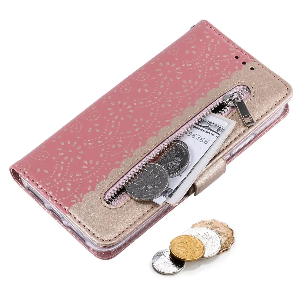 For Samsung Galaxy S23 PU Leather Shockproof Case Zipper Wallet Phone Case Lace Flower Pattern Phone Stand Cover with Bowknot Wrist Strap - Rose Gold - 5