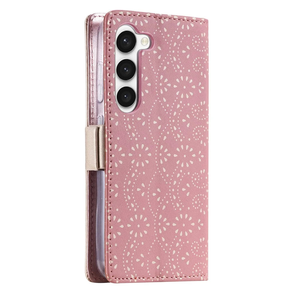 For Samsung Galaxy S23 PU Leather Shockproof Case Zipper Wallet Phone Case Lace Flower Pattern Phone Stand Cover with Bowknot Wrist Strap - Rose Gold - 6