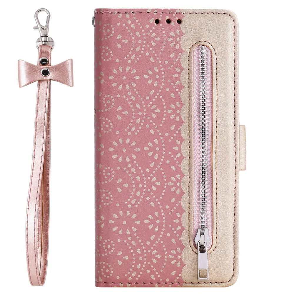 For Samsung Galaxy S23 PU Leather Shockproof Case Zipper Wallet Phone Case Lace Flower Pattern Phone Stand Cover with Bowknot Wrist Strap - Rose Gold - 7