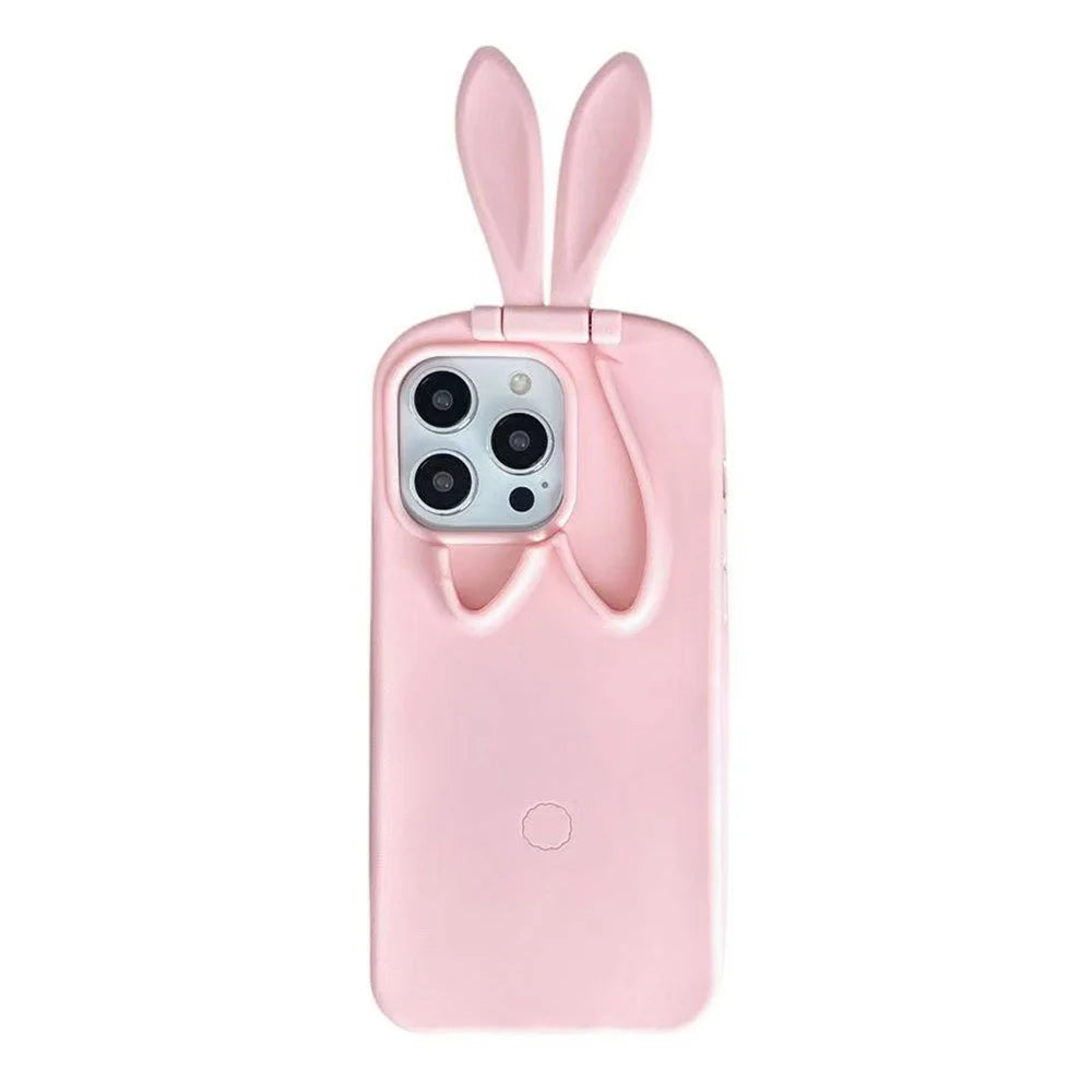 For iPhone 17 Pro Silicone Case with Cute 3D Rabbit Ears Camera Kickstand Phone Back Cover - Pink - 1