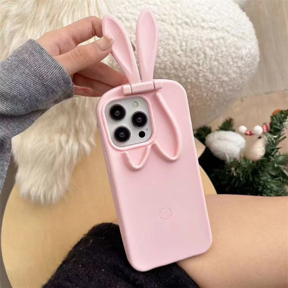 For iPhone 17 Pro Silicone Case with Cute 3D Rabbit Ears Camera Kickstand Phone Back Cover - Pink - 3