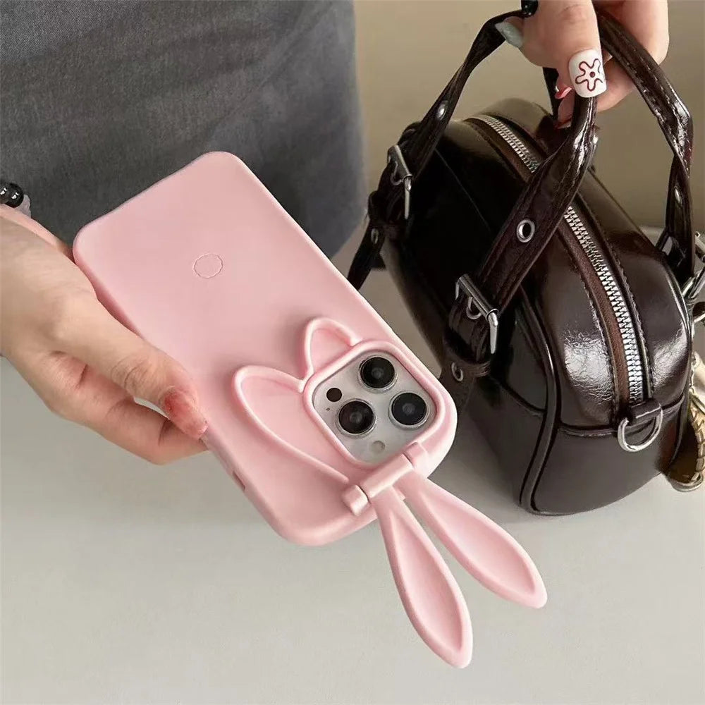 For iPhone 17 Pro Silicone Case with Cute 3D Rabbit Ears Camera Kickstand Phone Back Cover - Pink - 4
