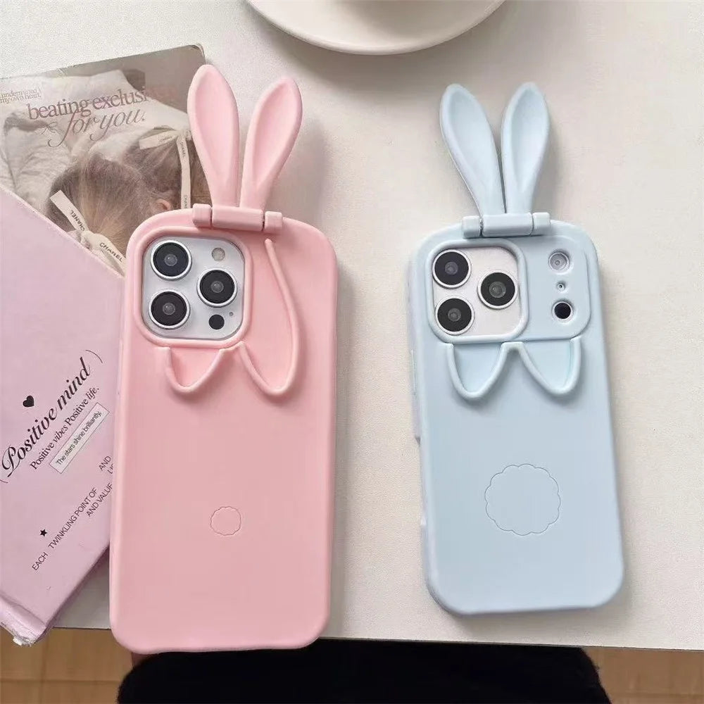For iPhone 17 Pro Silicone Case with Cute 3D Rabbit Ears Camera Kickstand Phone Back Cover - Pink - 5