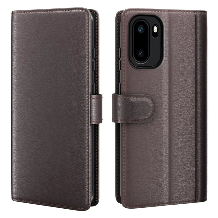AMORUS For OnePlus Ace 6 5G Stand Cases Calf Texture Genuine Split Leather Wallet Phone Cover - Brown - 1