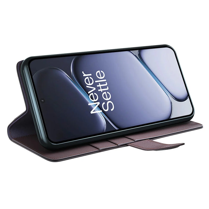 AMORUS For OnePlus Ace 6 5G Stand Cases Calf Texture Genuine Split Leather Wallet Phone Cover - Brown - 3
