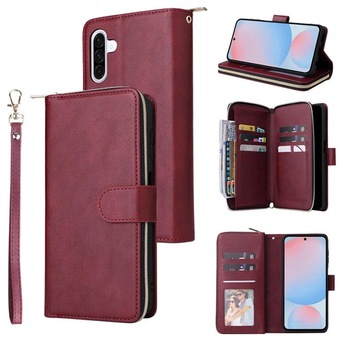For Samsung Galaxy A36 5G Case Zipper Pocket 9 Card Slots PU Leather Phone Cover with Hand Strap - Wine Red - 1