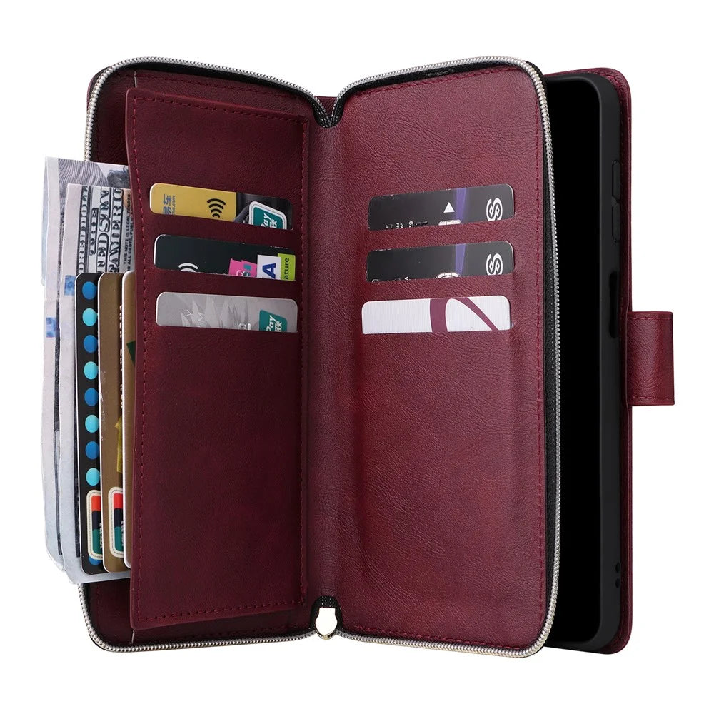 For Samsung Galaxy A36 5G Case Zipper Pocket 9 Card Slots PU Leather Phone Cover with Hand Strap - Wine Red - 3