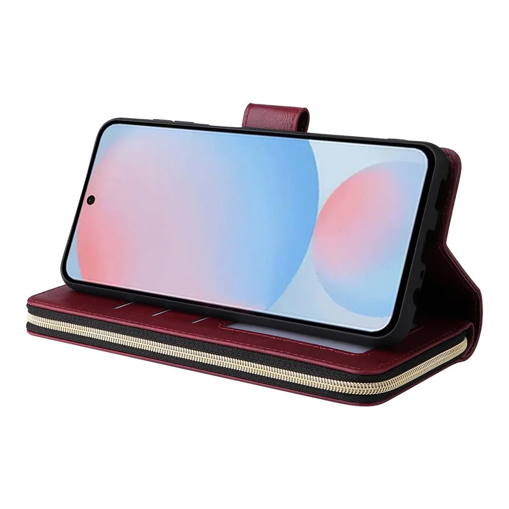 For Samsung Galaxy A36 5G Case Zipper Pocket 9 Card Slots PU Leather Phone Cover with Hand Strap - Wine Red - 4