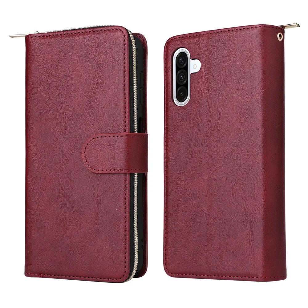 For Samsung Galaxy A36 5G Case Zipper Pocket 9 Card Slots PU Leather Phone Cover with Hand Strap - Wine Red - 6