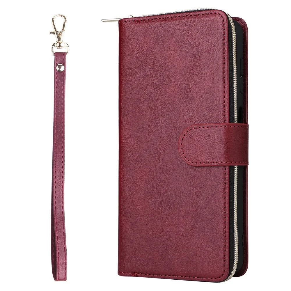 For Samsung Galaxy A36 5G Case Zipper Pocket 9 Card Slots PU Leather Phone Cover with Hand Strap - Wine Red - 7