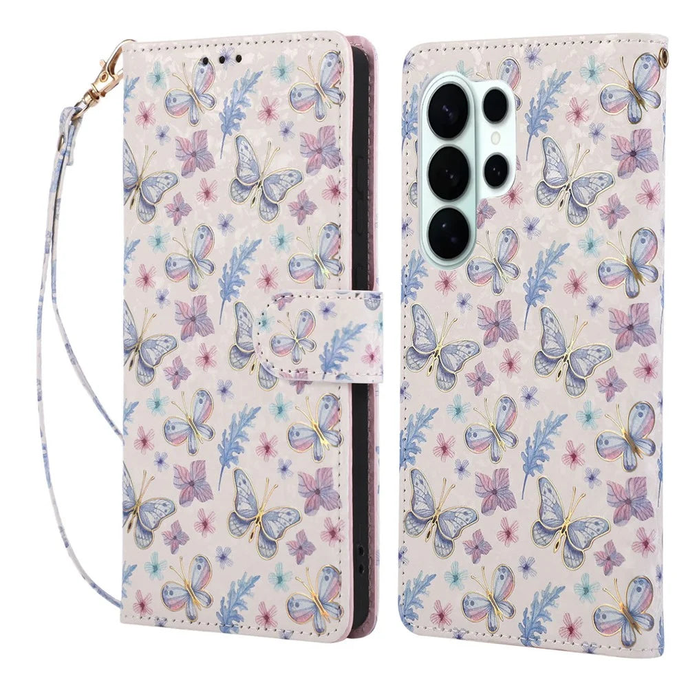 For Samsung Galaxy S26 Ultra Case RFID Blocking Flower Leather Phone Cover - Butterfly Flower - 1
