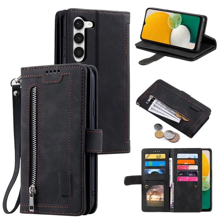 For Samsung  Galaxy S23 Zipper Wallet Phone Case Leather Folio Flip Cover Multi Card Slot Phone Shell with Strap - Black - 1