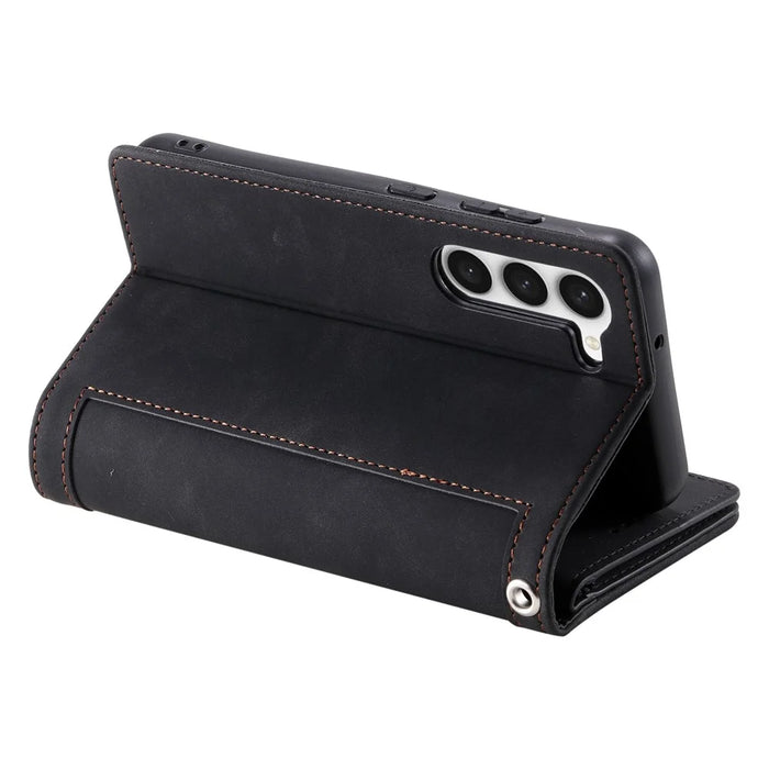For Samsung  Galaxy S23 Zipper Wallet Phone Case Leather Folio Flip Cover Multi Card Slot Phone Shell with Strap - Black - 5