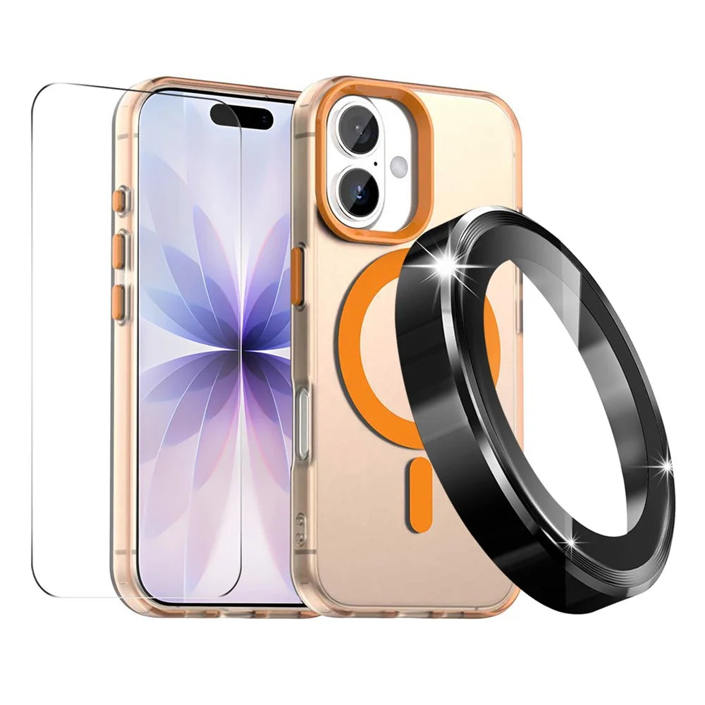 ENKAY HAT PRINCE For iPhone 17 Magnetic Case PC Clear Phone Cover with 9H Screen Protector + Aluminium Alloy Camera Lens Protector Compatible with MagSafe - Orange - 1