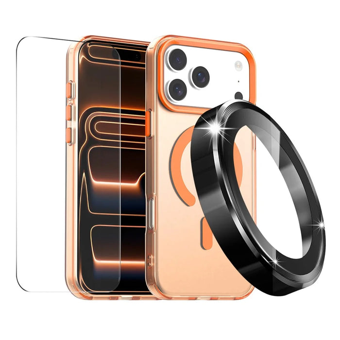 ENKAY HAT PRINCE For iPhone 17 Pro Magnetic Case PC Clear Phone Cover with 9H Screen Protector + Aluminium Alloy Camera Lens Protector Compatible with MagSafe - Orange - 1