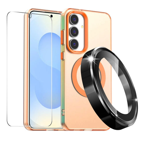 ENKAY HAT PRINCE Magnetic Case For Samsung Galaxy S25+  /  S24+ PC Clear Phone Cover with 0.18mm High Aluminium-silicon Glass Film + Aluminium Alloy Camera Lens Protector - Orange - 1