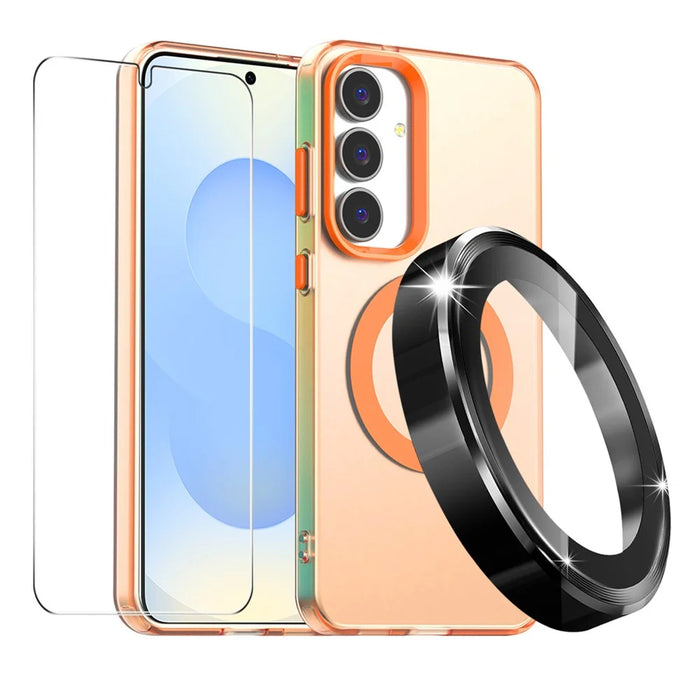 ENKAY HAT PRINCE Magnetic Case For Samsung Galaxy S25+  /  S24+ PC Clear Phone Cover with 0.18mm High Aluminium-silicon Glass Film + Aluminium Alloy Camera Lens Protector - Orange - 1