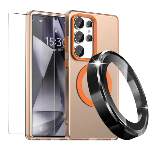 ENKAY HAT PRINCE For Samsung Galaxy S25 Ultra Magnetic Case PC Clear Phone Cover with 0.18mm High Aluminium-silicon Glass Film + Aluminium Alloy Camera Lens Protector - Orange - 1