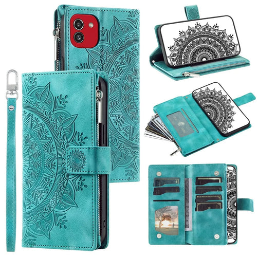For Samsung Galaxy A03 (166.5mm) Case Mandala Flower Imprint PU Leather Case Multi Card Slot Cover with Strap - Green - 1