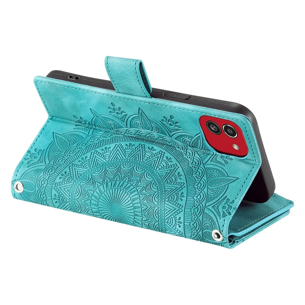 For Samsung Galaxy A03 (166.5mm) Case Mandala Flower Imprint PU Leather Case Multi Card Slot Cover with Strap - Green - 6