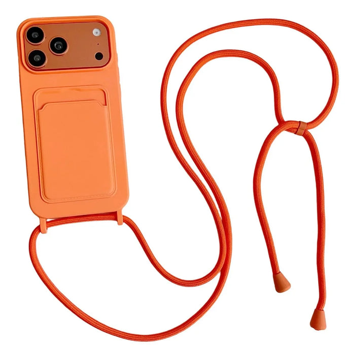 For iPhone 18 Pro Max / 17 Pro Max Liquid Silicone Card Slot Cover Anti Scratch Protection Phone Case with Strap - Orange - 1